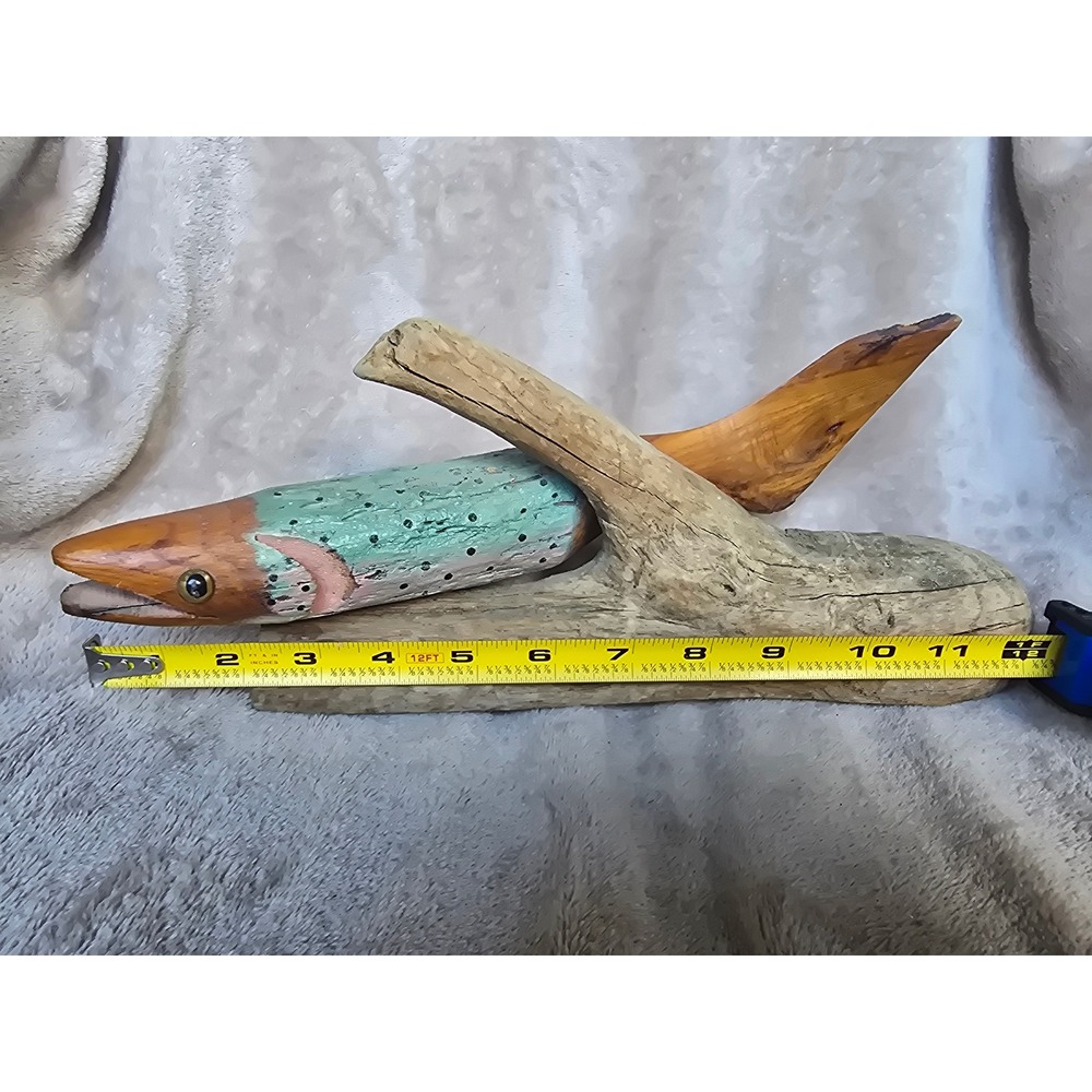 Hand Carved Wooden Trout Mike Hutchinson on Driftwood Base Rustic  Folk Art 12"